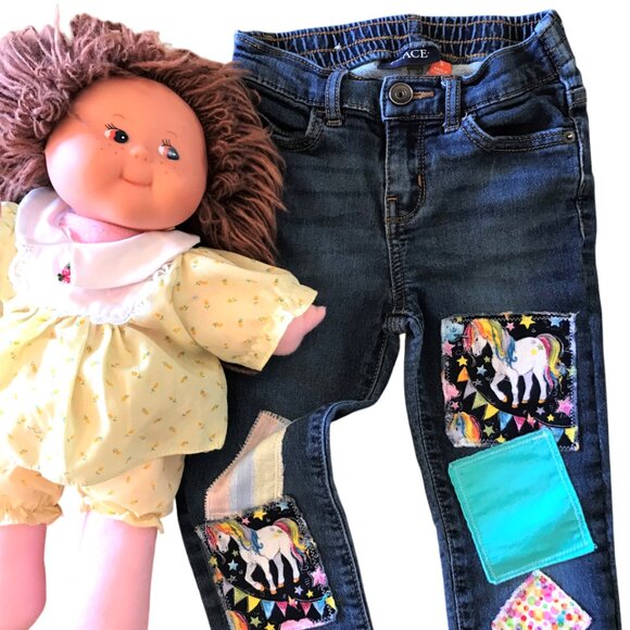 Elastic Waist Denim Jeans, Girl's Size 5: Upcycled Unicorn Theme Patchwork Pants - Picture 11 of 12